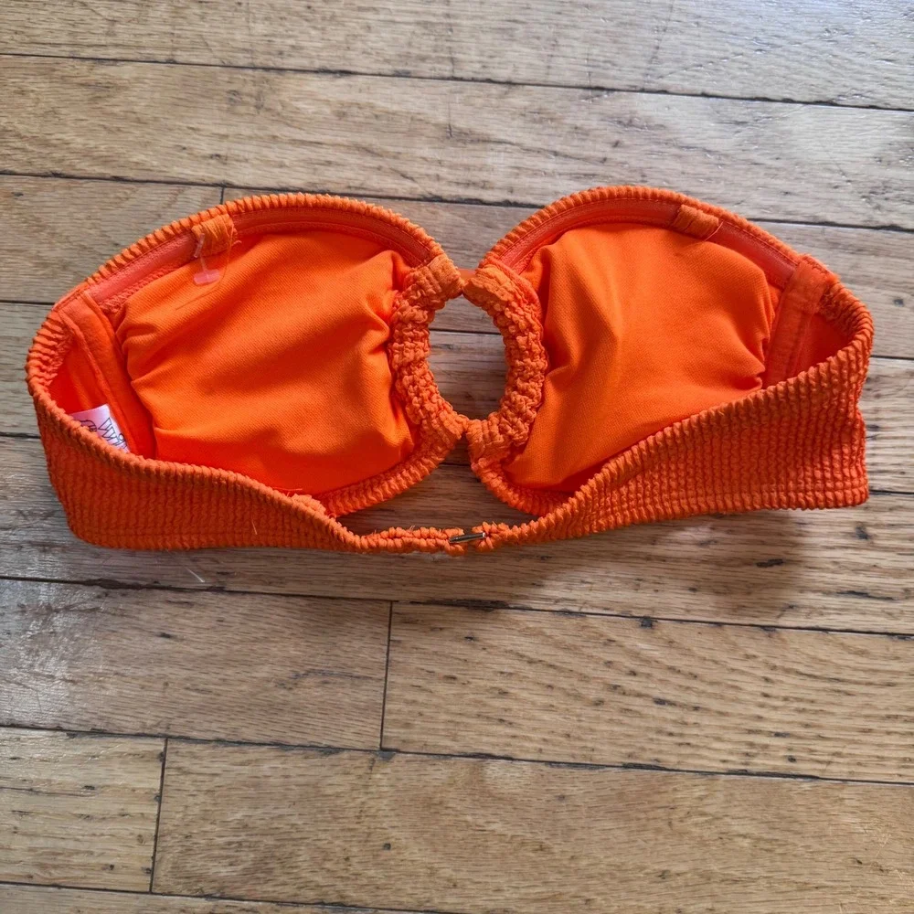 Wild Fable Neon Orange Smocked Bandeau Bikini Top O-Ring Cutout Small
